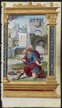 Leaf from a Book of Hours: King David in Prayer (2 of 3 Excised Leaves), c. 1530-35. Creator: Noël Bellemare (French, d. 1546); The 1520s Hours Workshop (French).
