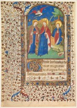 Leaf from a Book of Hours: Sts. Geneviève, Catherine of Alexandria, and Margaret (recto)..., c. 1415 Creator: Boucicaut Master (French, Paris, active about 1410-25), workshop of.