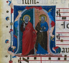Leaf from a Gradual with Historiated Initial (M): SS. Peter and Andrew, c. 1320-1340. Creator: Master of Isaac and Esau (Italian).