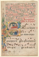 Leaf from a Gradual: Historiated Initial S[alve Sancta Parens] with Birth of the Virgin (recto), c.  Creator: Unknown.