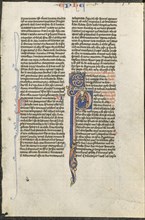 Leaf from a Latin Bible: Initial P with St. Paul Holding a Sword..., c. 1250. Creator: Johannes Grusch Atelier (French), circle or workshop of.