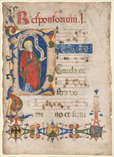 Leaf from an Antiphonary: Historiated Initial P with the Prophet Samuel..., c. 1439-1447. Creator: Olivetan Master (Italian).
