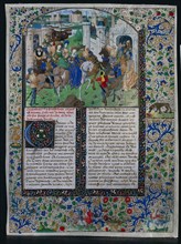 Leaf from Jehan de Courcy's "Chronique Universelle": King Priam Meets Helen and Paris..., c. 1470. Creator: Unknown.