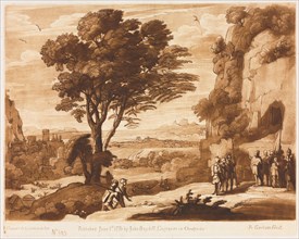 Liber Veritatis: No. 145, A Landscape, with Figures, Simon brought before Priam, 1776. Creator: Richard Earlom (British, 1743-1822); John Boydell.