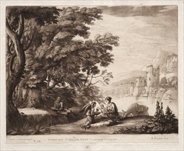 Liber Veritatis: No. 38, The Repose of the Holy Family along a River, 1774. Creator: Richard Earlom (British, 1743-1822).