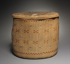 Lidded Twined Cylindrical Basket, late 1800 - early 1900. Creator: Unknown.