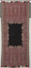 Long Shawl with Black Center and Exotic Four-Sided Gallery in Chinoiserie Style, 1840s. Creator: Unknown.