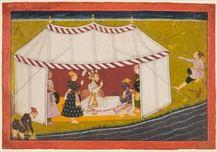 Madhava in a tent before a ruler, from a Madhavanala Kamakandala series, c. 1700. Creator: Unknown.