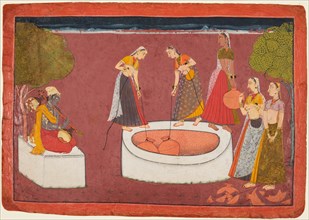 Madhava plays his vina before five women drawing water from a well, from a Madhavanala..., c. 1700. Creator: Unknown.