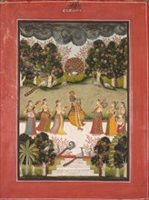 Malar Ragini: Krishna Playing the Flute to Seven Gopis Holding Musical Instruments..., c. 1760. Creator: Unknown.