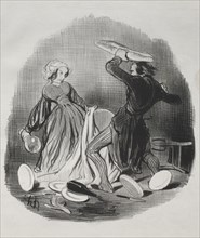 Matrimonial Customs: Ah! you think your wife does not provide enough for you, villian..., 1841. Creator: Honoré Daumier (French, 1808-1879); Aubert.