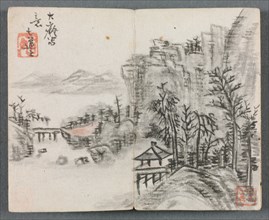 Miniature Album with Figures and Landscape (Cliff Landscape with Bridge), 1822. Creator: Zeng Yangdong (Chinese).