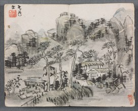 Miniature Album with Figures and Landscape (Landscape with Two Buildings), 1822. Creator: Zeng Yangdong (Chinese).