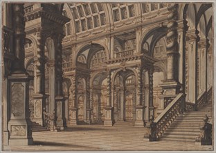 Monumental Vaulted Hall with Staircase, second quarter 18th century?. Creator: Giuseppe Galli Bibiena (Italian, 1696-1757).