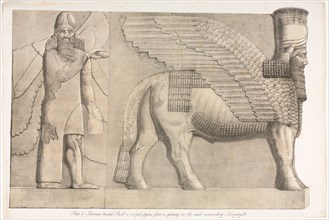 Monuments of Ninevah: Plate 3, Human-headed Bull and Winged Figure..., 1853. Creator: Austen Henry Layard (British, 1817-1894).