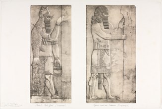 Monuments of Ninevah: Plate 6, Fish-god (Nimroud); Figure near an Entrance (Kouyunjik), 1853. Creator: Austen Henry Layard (British, 1817-1894).