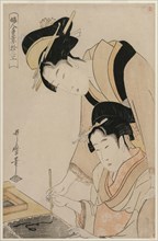 Mother Teaching her Daughter Calligraphy, from the series, Twelve Occupations of Women, c. 1798. Creator: Kitagawa Utamaro (Japanese, 1753?-1806).