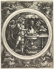 Mucius Scaevola Holding His Hand in the Fire, c. 1520. Creator: Hans Sebald Beham (German, 1500-1550).