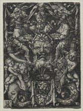 Ornament Design with a Mask, A Couple of Tritons, and Two Children Below, 1549. Creator: Heinrich Aldegrever (German, 1502-1555/61).