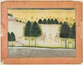 Page from a Bhagavata Purana: Nanda and the elders in council with the gopas, c. 1690-1700. Creator: Unknown.