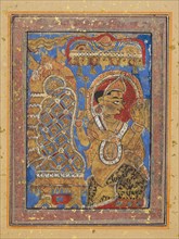 Page from a Kalpa-sutra: Indra paying homage to Mahavira, early 16th century. Creator: Unknown.