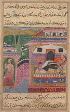 Page from Tales of a Parrot (Tuti-nama): Eighth night: The deceitful wife persuades..., 1558-1560. Creator: Unknown.