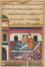 Page from Tales of a Parrot (Tuti-nama): Fortieth night: Shahr-Arai and her lover..., c. 1560. Creator: Unknown.