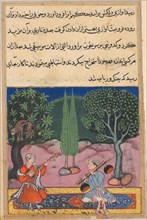 Page from Tales of a Parrot (Tuti-nama): Fourteenth night: The invention of musical..., c. 1560. Creator: Unknown.