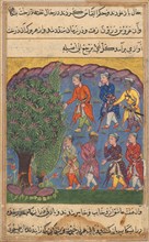 Page from Tales of a Parrot (Tuti-nama): Sixth night: Seven men disputing possession..., c. 1560. Creator: Unknown.