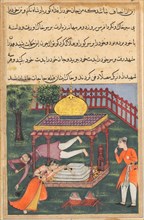 Page from Tales of a Parrot (Tuti-nama): Thirty-sixth night: Mahrusa kills herself..., c. 1560. Creator: Unknown.
