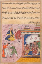 Page from Tales of a Parrot (Tuti-nama): Twentieth night: Three suitors fight..., c. 1560. Creator: Unknown.