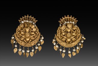 Pair of Earrings with Four-Armed Vishnu Riding Garuda with Nagas (serpent divinities), 1600s or 1700 Creator: Unknown.
