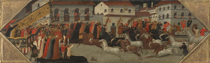Panel from a Cassone: The Race of the Palio in the Streets of Florence, 1418. Creator: Giovanni Francesco Toscani (Italian, c. 1380-1430).