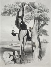 Pastorales, plate 2: The Hazards of shaking a plum tree too vigorously..., 1845. Creator: Honoré Daumier (French, 1808-1879).