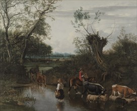 Peasants Crossing a Stream, c. 1670. Creator: Jan Siberechts (Flemish, 1627-c. 1703).