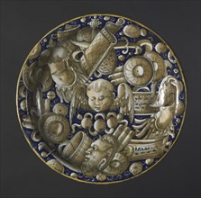 Plate with Putto, Mask, and Trophies, c. 1440-1460. Creator: Unknown.