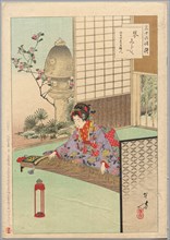 Playing the Koyo, A Lady from Nagoya of the Koka Era (1844-48)..., 1894. Creator: Mizuno Toshikata (Japanese, 1866-1908).