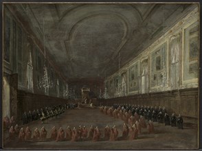 Pope Pius VI Descending the Throne to Take Leave of the Doge in the Hall..., c. 1783. Creator: Francesco Guardi (Italian, 1712-1793).