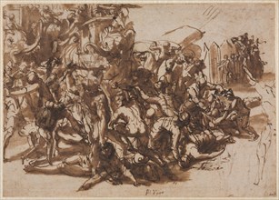 Poros Assailed by the Macedonian Army (recto); Sketches of Animals (verso), c. 1545/47. Creator: Perino del Vaga (Italian, 1500/01-1547).