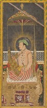 Posthumous portrait of Emperor Jahangir under a canopy (recto); Calligraphy (verso), c. 1650. Creator: Unknown.