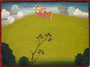 Pradyumna and Mayavati Fly to Dvaraka, from the Large Basohli Bhagavata Purana, c. 1760-1765. Creator: Unknown.