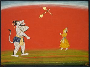 Pradyumna and Samvara fight with maces: Leaf from the "Large Basohli Bhagavata Purana", c. 1760-1765 Creator: Unknown.