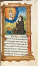 Printed Book of Hours (Use of Rome): fol. 90r, St. Bridget in Prayer before an Apparition of Christ, Creator: Guillaume Le Rouge (French, Paris, active 1493-1517).