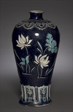Prunus Vase (Meiping) with Blossoming Lotus: Fahua Ware, late 15th Century. Creator: Unknown.