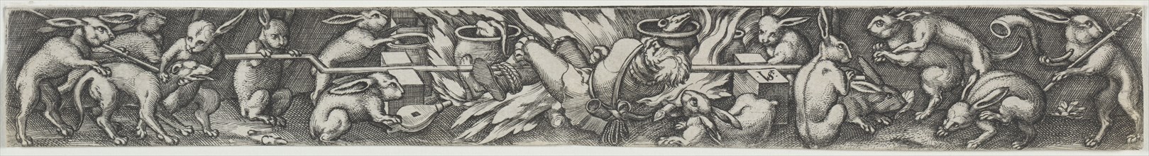 Rabbits Roasting a Hunter and His Dogs. Creator: Virgilius Solis (German, 1514-1562).