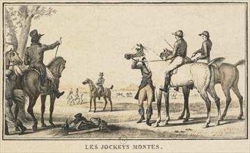 Racing Scenes: The Jockey Mounting the Horse (Scènes Hippiques: Le jockey montant a cheval). Creator: Carle Vernet (French, 1758-1836); Jazet and Aumont.