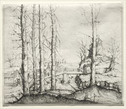 River Landscape with Five Bare Spruce Trees in the Foreground, 1549. Creator: Augustin Hirschvogel (German, 1503-1553).