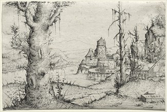 River landscape with large tree at left, 1546. Creator: Augustin Hirschvogel (German, 1503-1553).