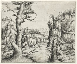 River Landscape with rocks at left ana at right, 1546. Creator: Augustin Hirschvogel (German, 1503-1553).