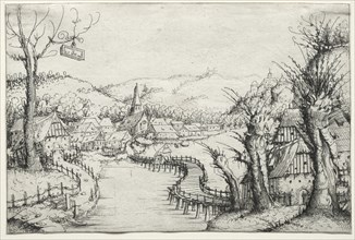 River Landscape with three bare willow-trees at right and a long winding wooden bridge..., 1546. Creator: Augustin Hirschvogel (German, 1503-1553).